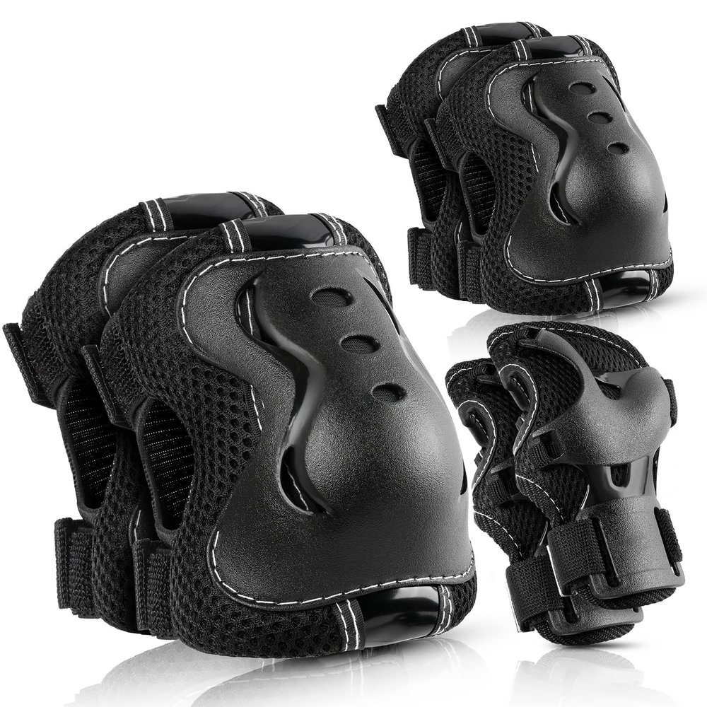 BOSONER Knee Pads for Kids Roller-Skating: Adjustable Protective Gear Set Knee Elbow Pads Wrist Guards for Bike Cycling Skateboarding Scooter Gifts 3-8/9-15 Years Boys Girls (Black)