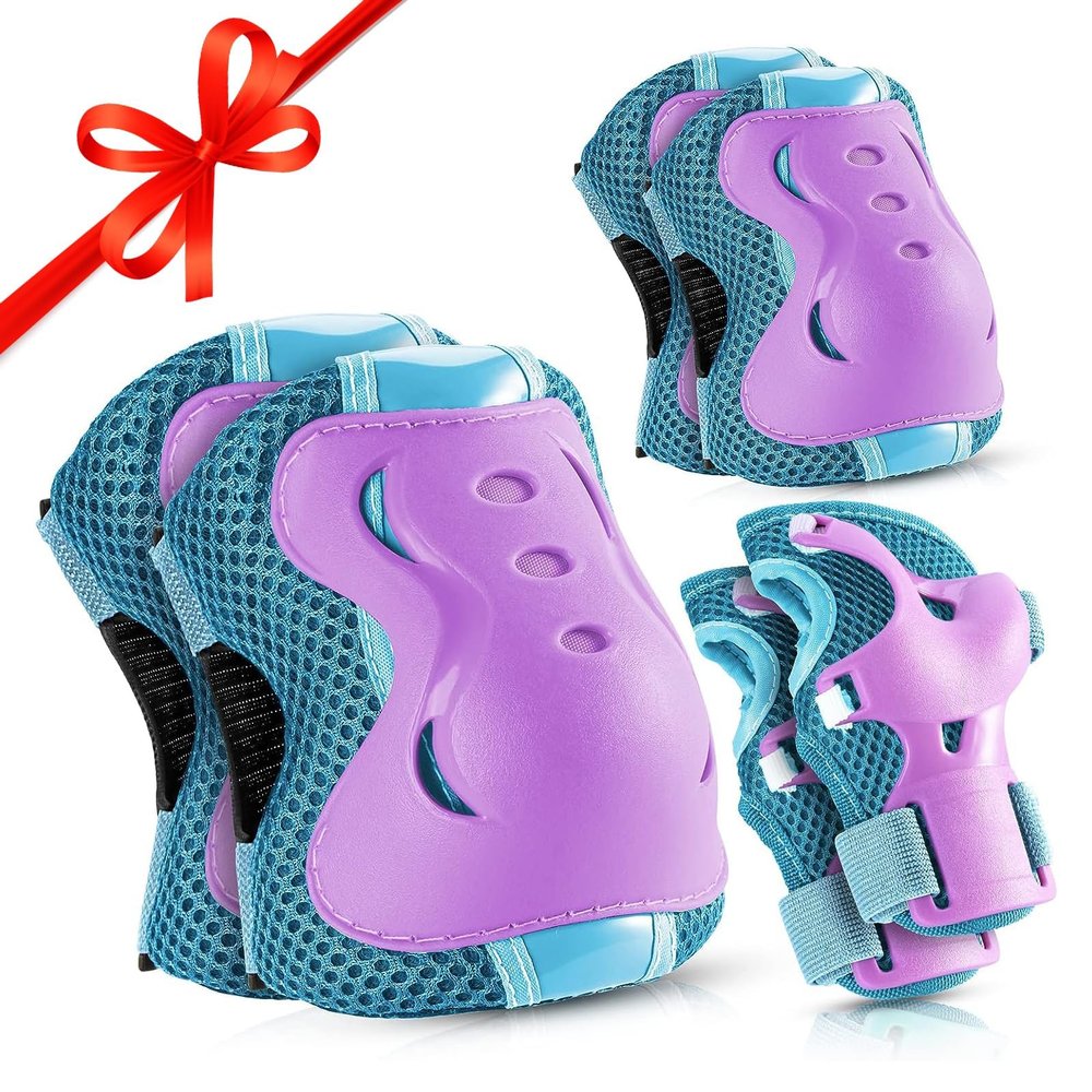 BOSONER Knee Pads for Kids Roller-Skating - Adjustable Protective Gear Set Knee Elbow Pads Wrist Guards for Bike Cycling Skateboarding Scooter Gifts 3-8/9-15 Years Boys Girls (Blue Purple)