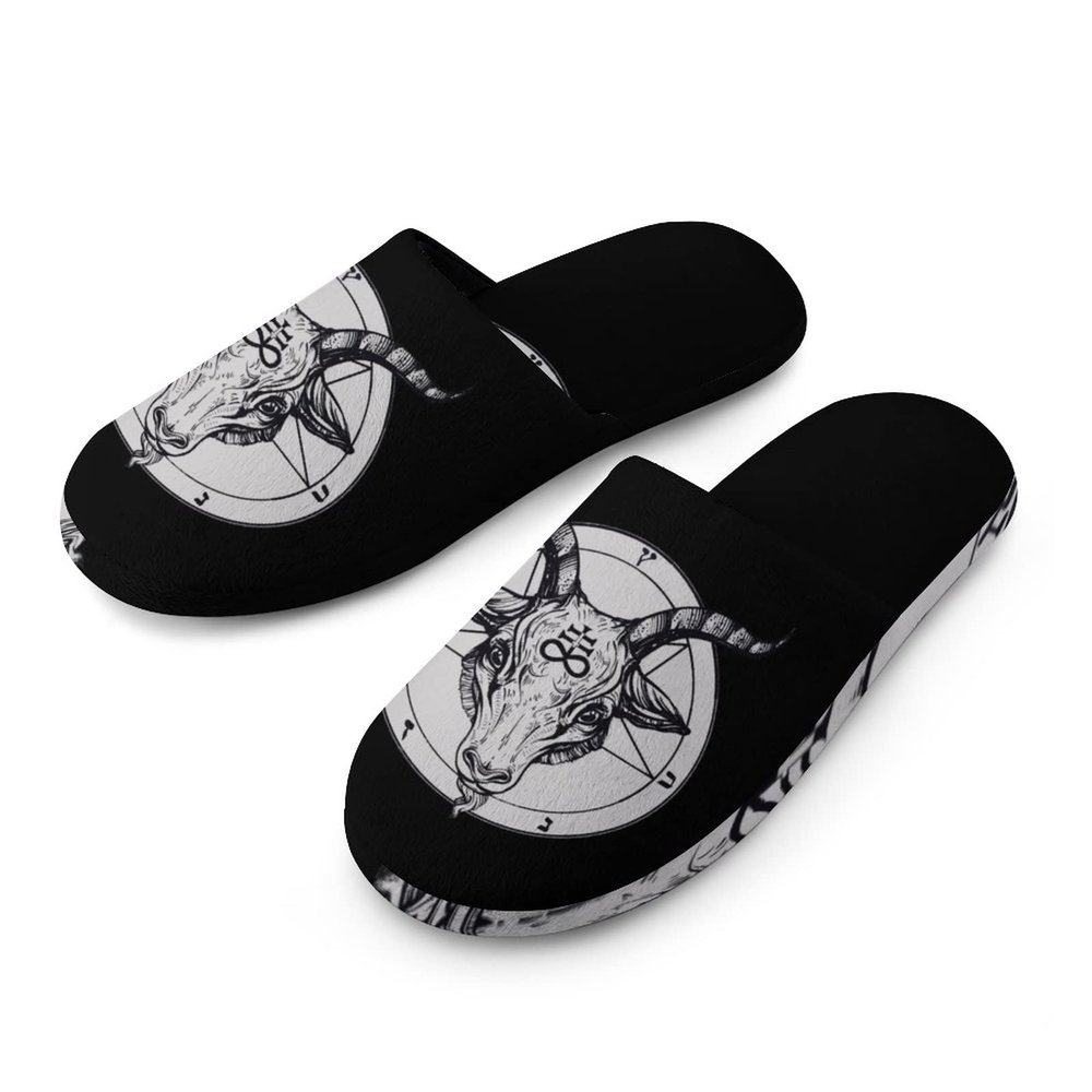 Baphomet Satanic Goat Head Men's Cotton Slippers Washable Slip-on Warm House Shoses with Rubber Sole 41-42_7.5-8.5