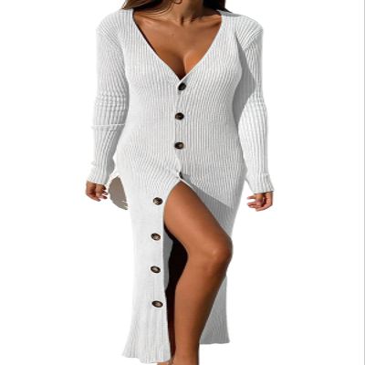 ebossy Women's Ribbed Slim Long Knit Cardigan Sweater Sexy V Neck Button Down Crochet Maxi Dress Trench Coat (X-Small, White)