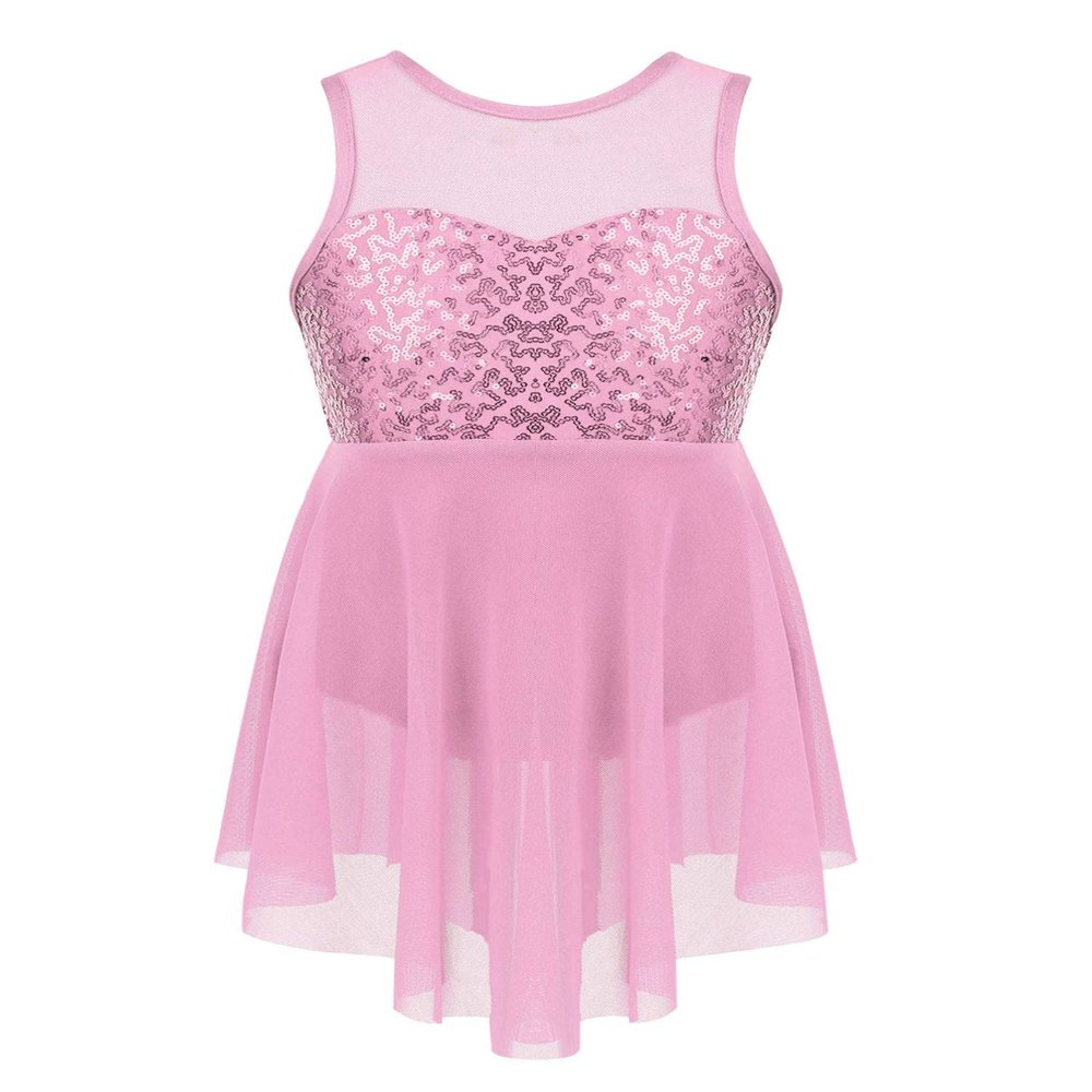 dPois Kids Girls' Sleeveless Dance Ballet Dress Gymnastics Leotard Sequins Lyrical Latin Modern Dancewear Pink 8