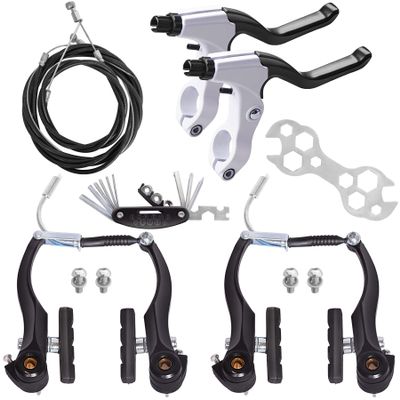 Gashwer Complete Bike Brakes Set, Universal Bike Front and Rear MTB Brake, Inner and Outer Callipers Cables Lever Kit with Multi-Tool Wrenches Black White