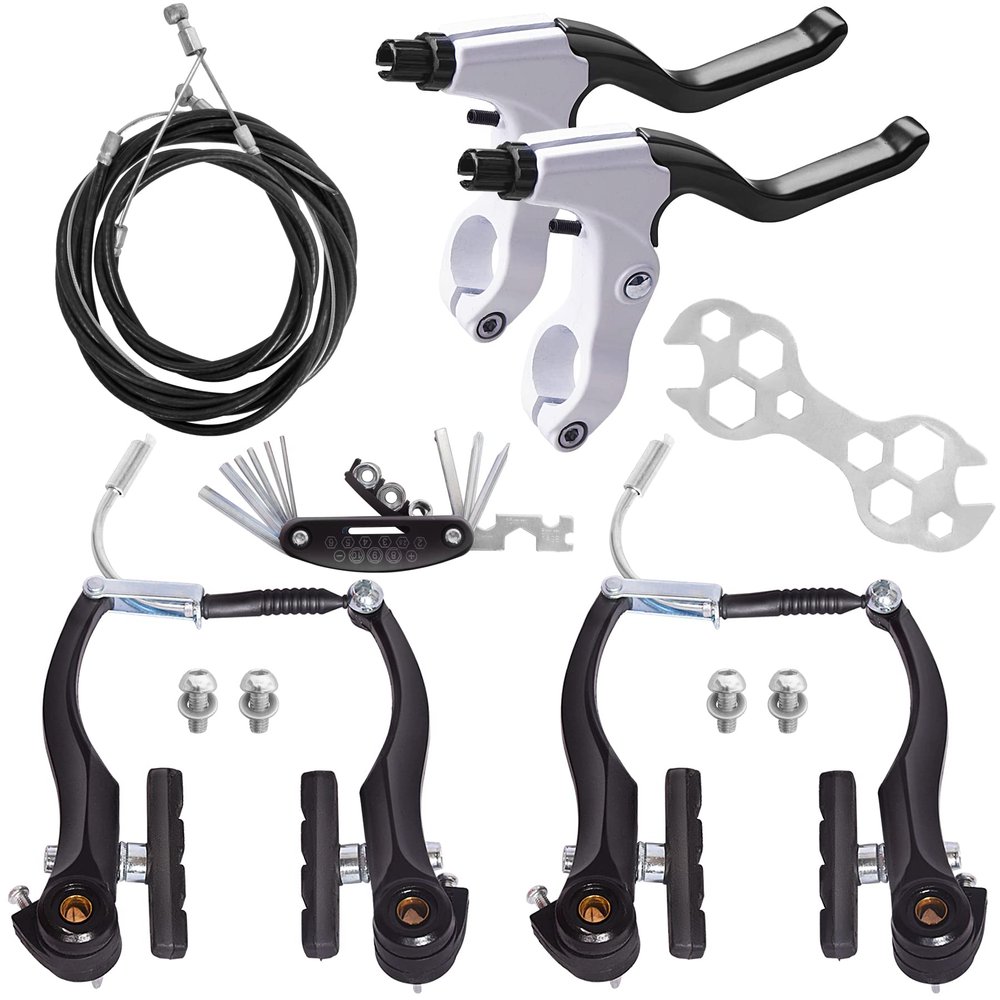 Gashwer Complete Bike Brakes Set, Universal Bike Front and Rear MTB Brake, Inner and Outer Callipers Cables Lever Kit with Multi-Tool Wrenches Black White
