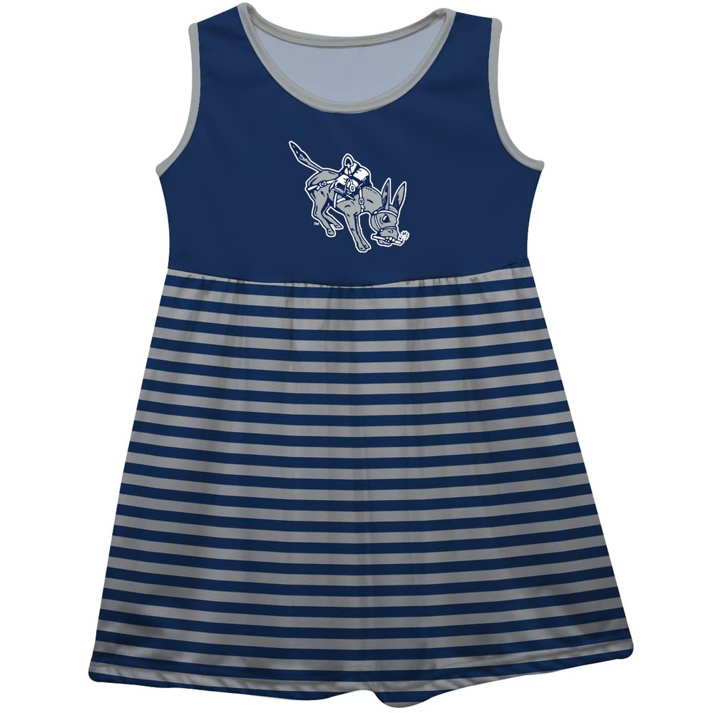 Vive La Fete Colorado School of Mines Orediggers Navy and Gray Sleeveless Tank Dress with Stripes on Skirt