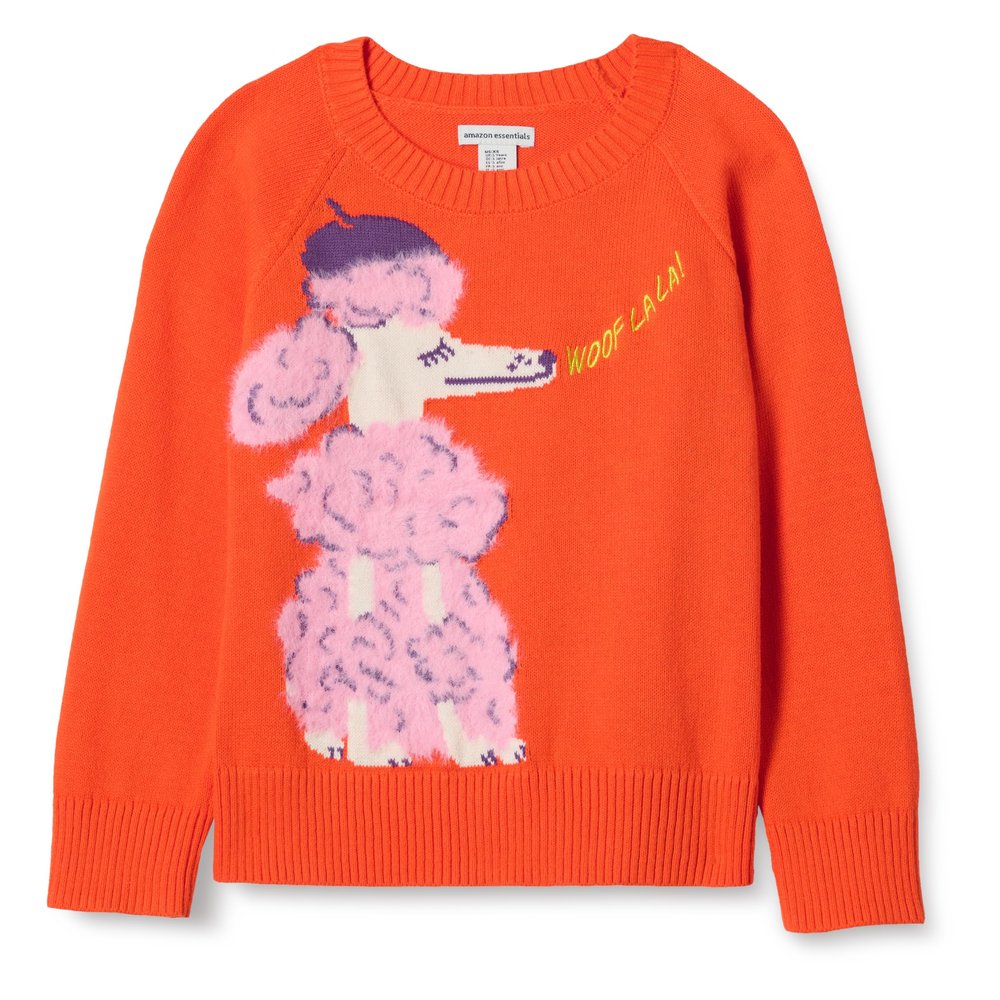 Amazon Essentials Girls' Pullover Crewneck Sweater, Tomato Red, Medium