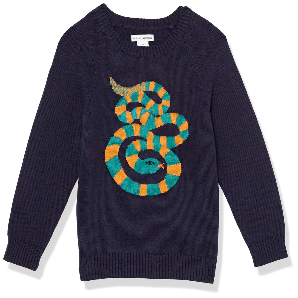 Amazon Essentials Boys' Cotton Knit Pullover Crewneck Sweater, Dark Navy Snake, X-Large