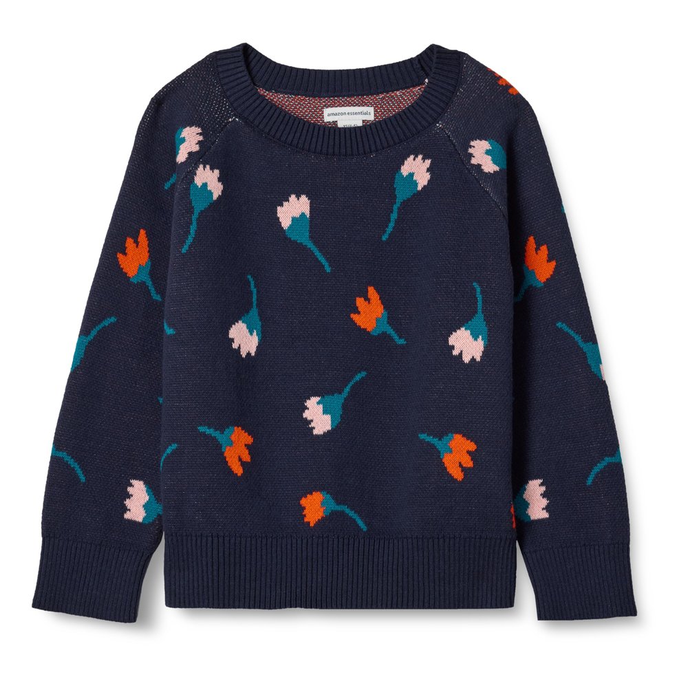 Amazon Essentials Girl's Pullover Crewneck Sweater, Dark Navy, Flower Stems, Large