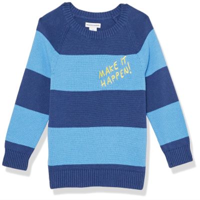 Amazon Essentials Boys' Pullover Crewneck Sweater, Blue Navy Rugby Stripe, Medium