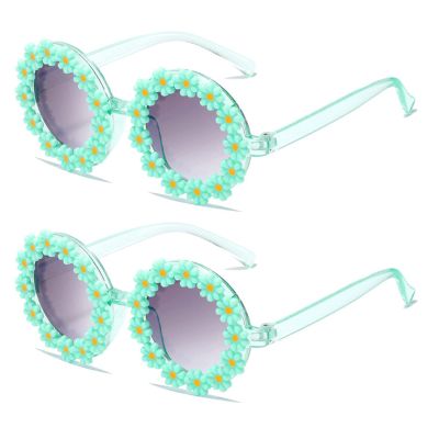 2PCS Round Flower Sunglasses for Girls White Flower Shaped Cute Glasses UV 400 Protection Outdoor Beach Girl Boy Gifts