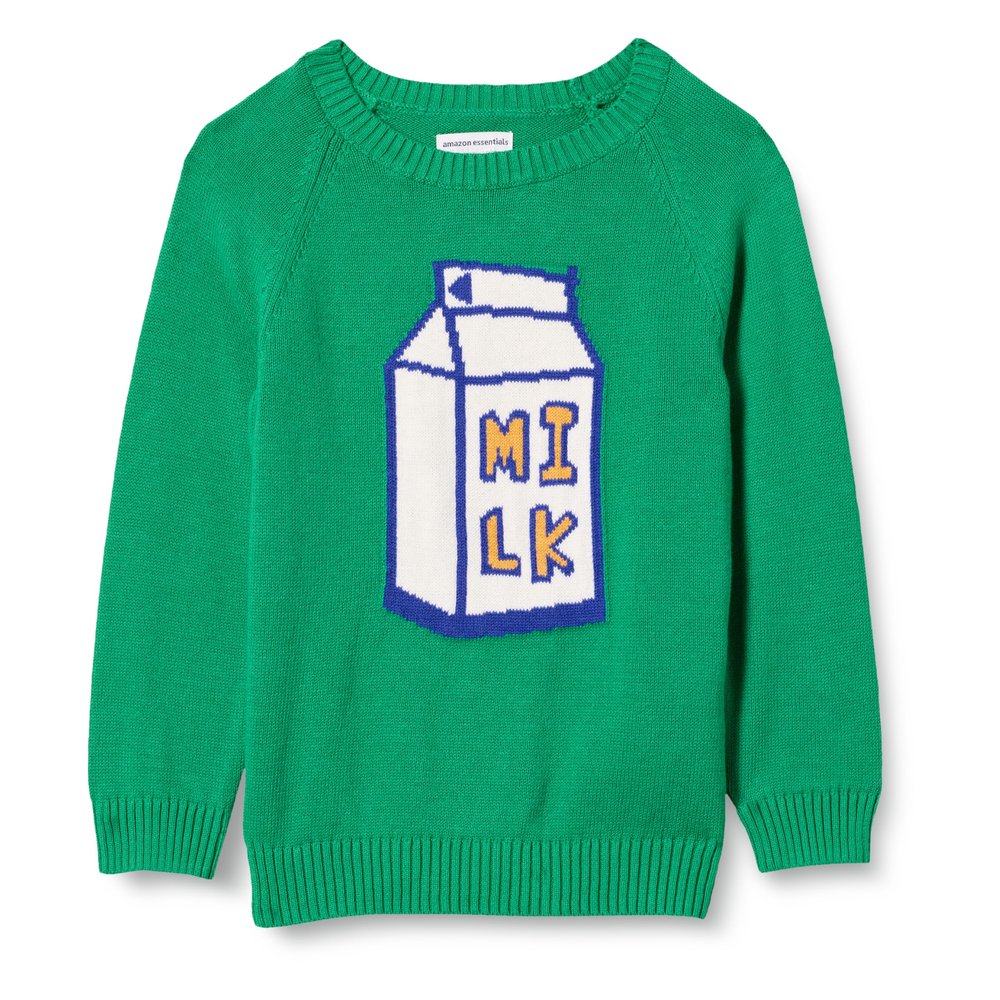 Amazon Essentials Boys' Pullover Crewneck Sweater, Green Milk Carton, Small
