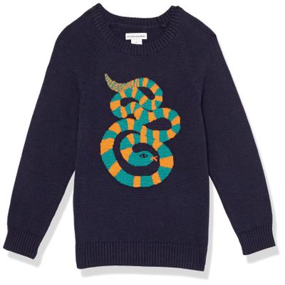 Amazon Essentials Boy's Pullover Crewneck Sweater, Dark Navy, Snake, 2T