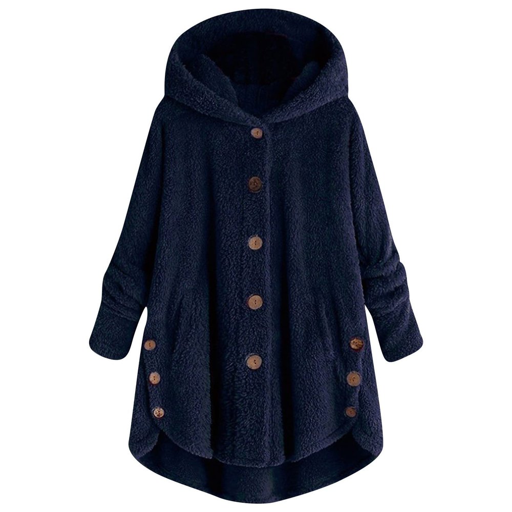 NOKMOPO Winter Coats For Women Fashion Casual Plus Size Button Plush Top Hooded Panel Loose Cardigan Cozy Wool Warm Coat Winter Long Jacket Tops(H-Navy,Medium)