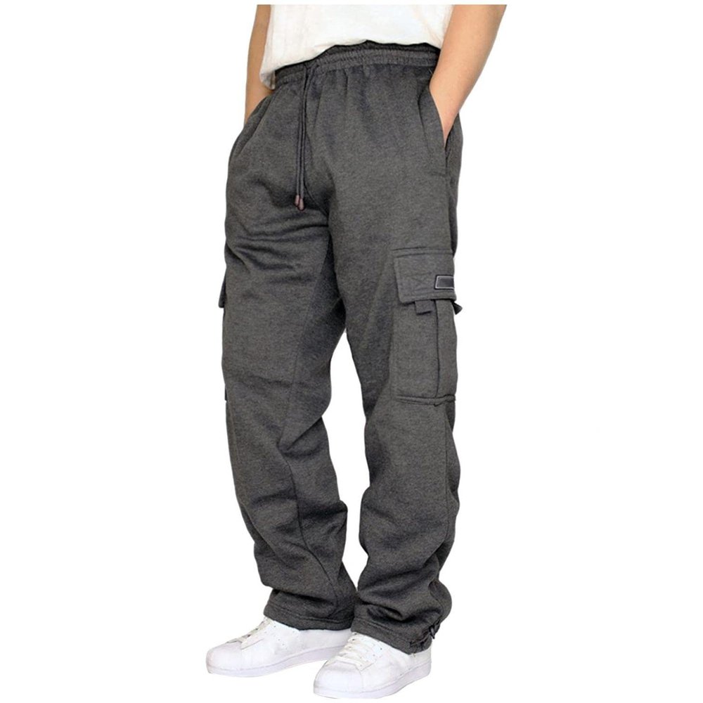 Men's Heavyweight Fleece Cargo Sweatpants Stretch Elastic Waist Athletic Workout Jogger Pants Drawstring Sport Trousers