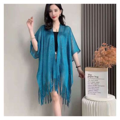 Gold Wire Split Shawl,Women Dinner Dress with Decorative Tassel Hollowed Out Sunscreen Scarf Ponchos Capes (Color : Gray)