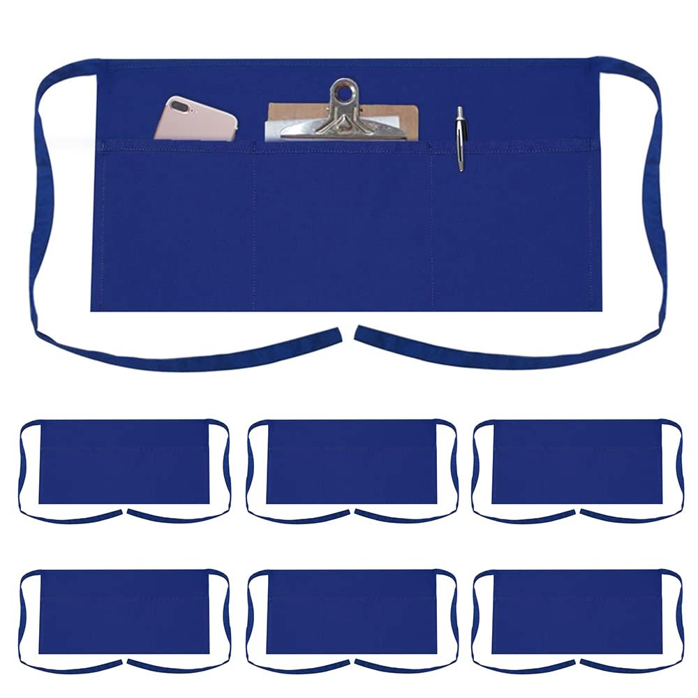 TOPTIE 6 Pack Waitress Waiter Server Bistro Waist Apron with 3 Pockets, Restaurant Kitchen Chef Half Aprons, 24"W x 12"H-Blue