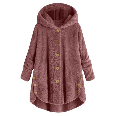 NOKMOPO Winter Coats For Women Fashion Casual Plus Size Button Plush Top Hooded Panel Loose Cardigan Cozy Wool Warm Coat Winter Long Jacket Tops(H-Pink,Large)