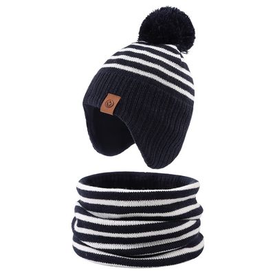 JANGANNSA Knitted Baby Hat Scarf Set Winter Warm Boys Girls Beanie Fleece Lining Toddler Kids Hats with Pompom(Striped Navy(Hat+Scarf),S)