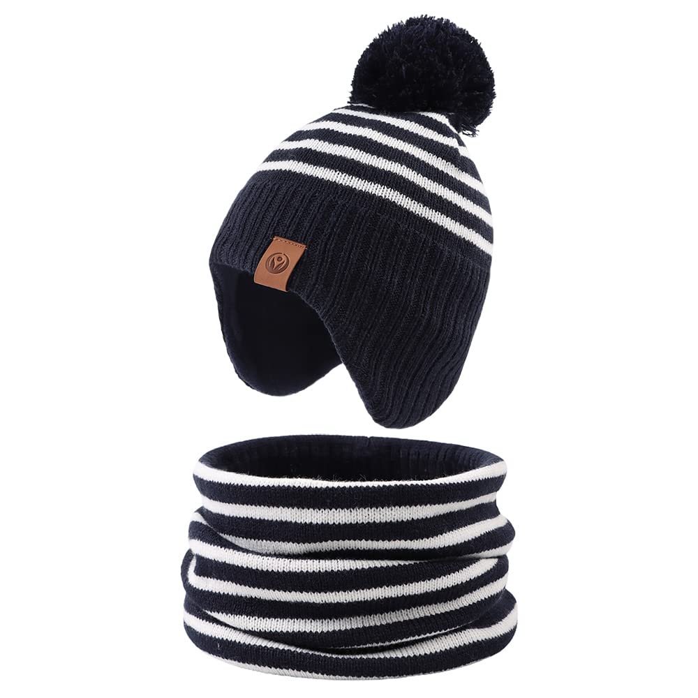 JANGANNSA Knitted Baby Hat Scarf Set Winter Warm Boys Girls Beanie Fleece Lining Toddler Kids Hats with Pompom(Striped Navy(Hat+Scarf),S)