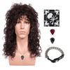 FantaLook 70 80s Long Curly Dark Brown Cosplay Wig with Necklace Headband and Mater Bracelet for Halloween view 1