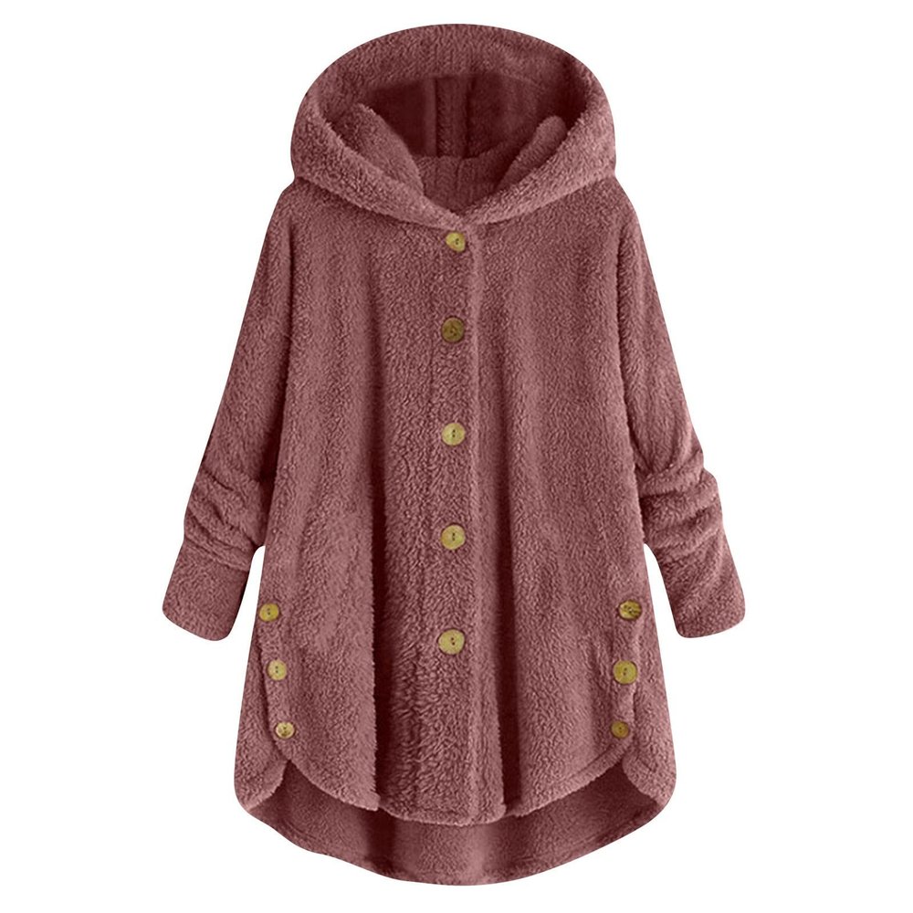 NOKMOPO Winter Coats For Women Fashion Casual Plus Size Button Plush Top Hooded Panel Loose Cardigan Cozy Wool Warm Coat Winter Long Jacket Tops(H-Pink,Small)