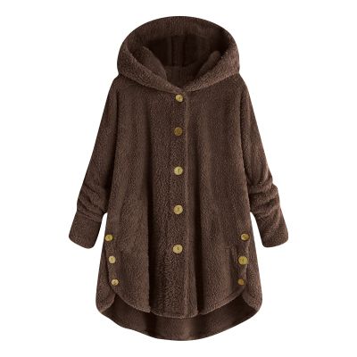 NOKMOPO Winter Coats For Women Fashion Casual Plus Size Button Plush Top Hooded Panel Loose Cardigan Cozy Wool Warm Coat Winter Long Jacket Tops(H-Coffee,3X-Large)