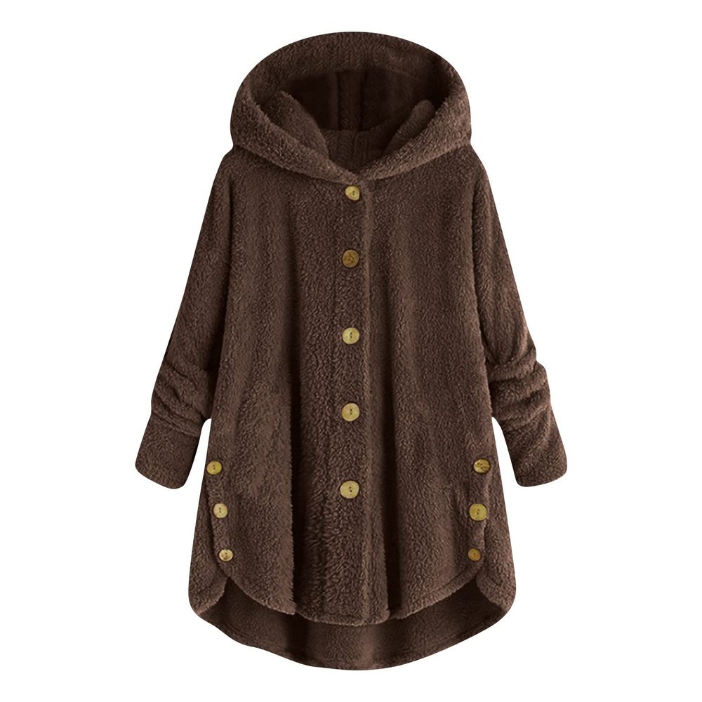 NOKMOPO Winter Coats For Women Fashion Casual Plus Size Button Plush Top Hooded Panel Loose Cardigan Cozy Wool Warm Coat Winter Long Jacket Tops(H-Coffee,3X-Large)