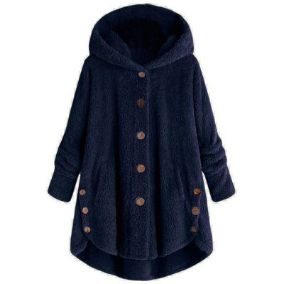 NOKMOPO Winter Coats For Women Fashion Casual Plus Size Button Plush Top Hooded Panel Loose Cardigan Cozy Wool Warm Coat Winter Long Jacket Tops(B-Navy,Small)
