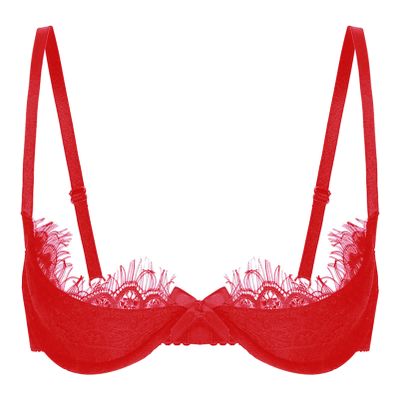 Alvivi Womens Sexy Lace Quarter Cup Underwired Shelf Bra Push Up Sheer Floral Bralette Balconette Red A 4X-Large
