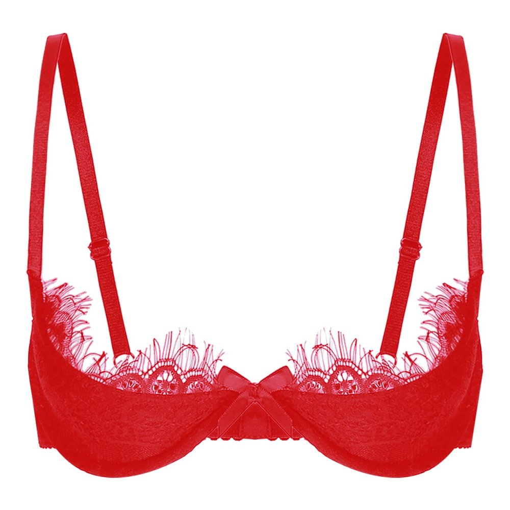 Alvivi Womens Sexy Lace Quarter Cup Underwired Shelf Bra Push Up Sheer Floral Bralette Balconette Red A 4X-Large