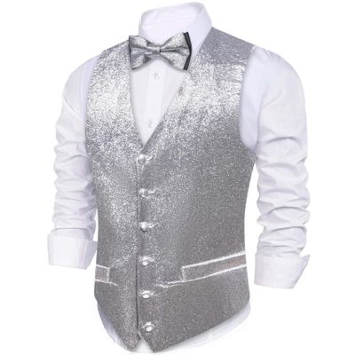 Barry.Wang Mens Silver Shiny Vest V-neck Silm Fit Suit Waistcoat Bowtie Set Party Prom Tuxedo