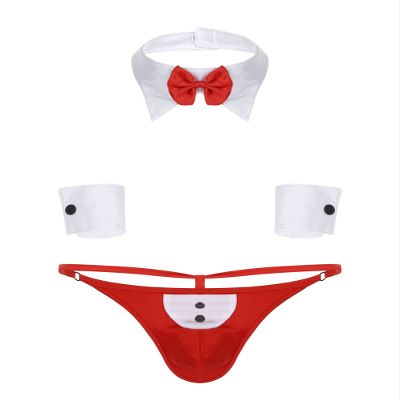 dPois Mens Sexy Waiter Cosplay Costume Teddy Lingerie Set Tuxedo Briefs Bowtie Collar and Cuff Outfits Red XX-Large