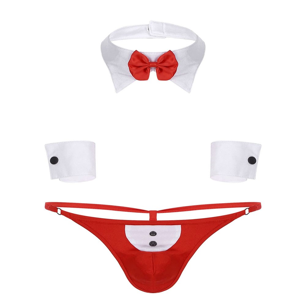 dPois Mens Sexy Waiter Cosplay Costume Teddy Lingerie Set Tuxedo Briefs Bowtie Collar and Cuff Outfits Red XX-Large