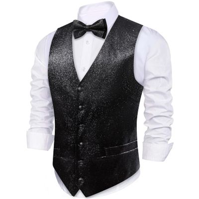 Barry.Wang Mens Black Shiny Vest V-neck Silm Fit Suit Waistcoat Bowtie Set Party Prom Tuxedo Formal Casual