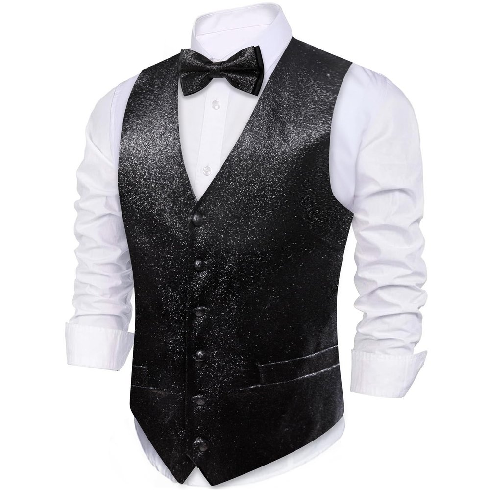 Barry.Wang Mens Black Shiny Vest V-neck Silm Fit Suit Waistcoat Bowtie Set Party Prom Tuxedo Formal Casual