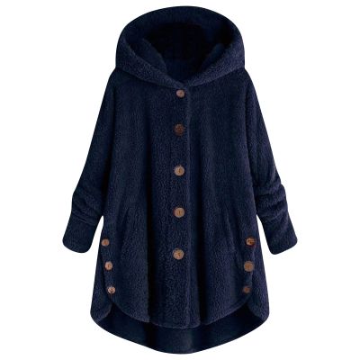 NOKMOPO Winter Coats For Women Fashion Casual Plus Size Button Plush Top Hooded Panel Loose Cardigan Cozy Wool Warm Coat Winter Long Jacket Tops(H-Navy,X-Large)