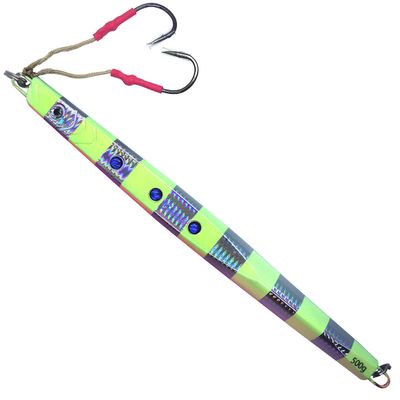Fish WOW! 500g Speed jig 17.5oz Fishing Vertical Knife Trolling Jig Fast Fall Metal Flat Bait with Two Assist Hook Blue Pink Silver Glow Stripes