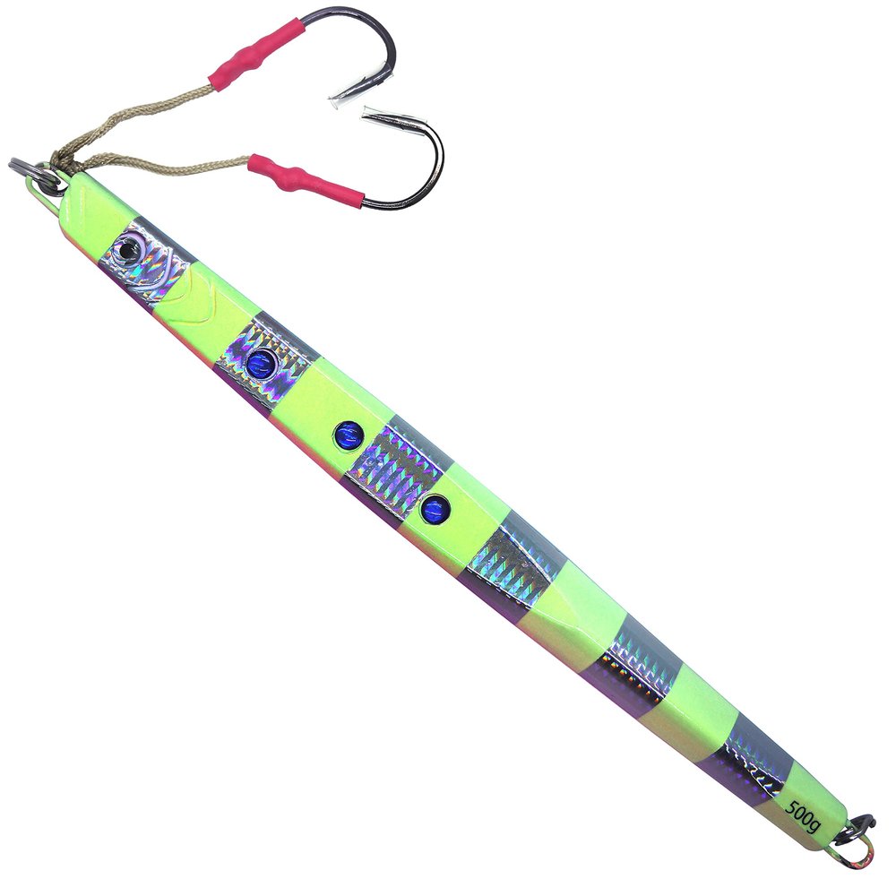 Fish WOW! 500g Speed jig 17.5oz Fishing Vertical Knife Trolling Jig Fast Fall Metal Flat Bait with Two Assist Hook Blue Pink Silver Glow Stripes