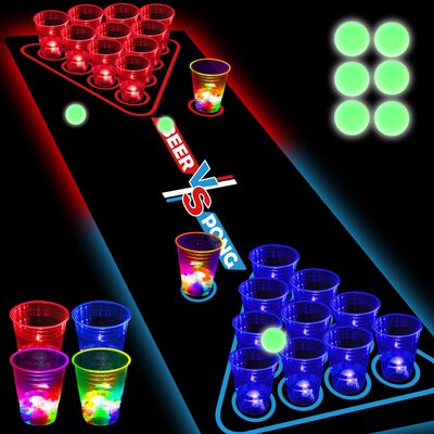 HIOHWEFH Glowing Beer Pong Table Mat for Drinking Game Light Up Plastic Cups and Pongs Beer Pong Set for Party Game Indoor Outdoor Pong Game, Party Supplies Decor 71 * 23inch