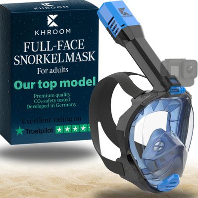 Khroom Full Face Snorkel Mask Adult | Snorkeling Gear for Adults | CO2-Safe Valve System | 3X Enlarged Tube for Easy Breathing | Scuba Mask | Diving Mask Snorkel Set (L/XL, Blue)
