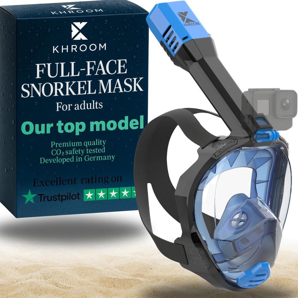 Khroom Full Face Snorkel Mask Adult | Snorkeling Gear for Adults | CO2-Safe Valve System | 3X Enlarged Tube for Easy Breathing | Scuba Mask | Diving Mask Snorkel Set (L/XL, Blue)