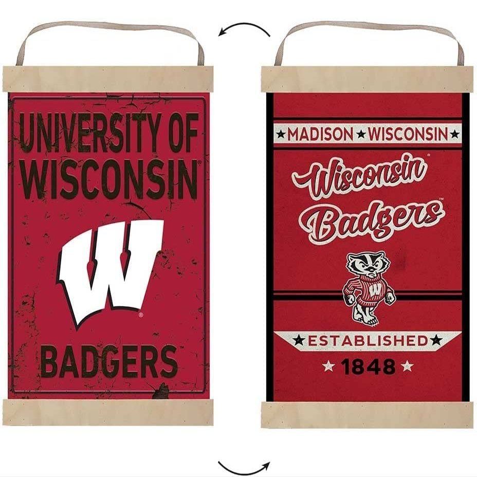 KH Sports Fan Reversible Banner Sign Faux Rusted Wisconsin Badgers