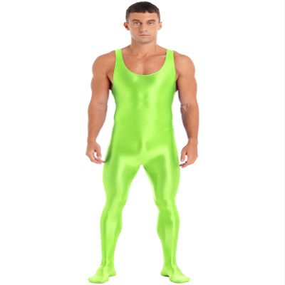 YiZYiF Men's Spandex Ballet Sleeveless Full Body Tight Jumpsuit Unitards Dance Costumes Fluorescent Green A Medium