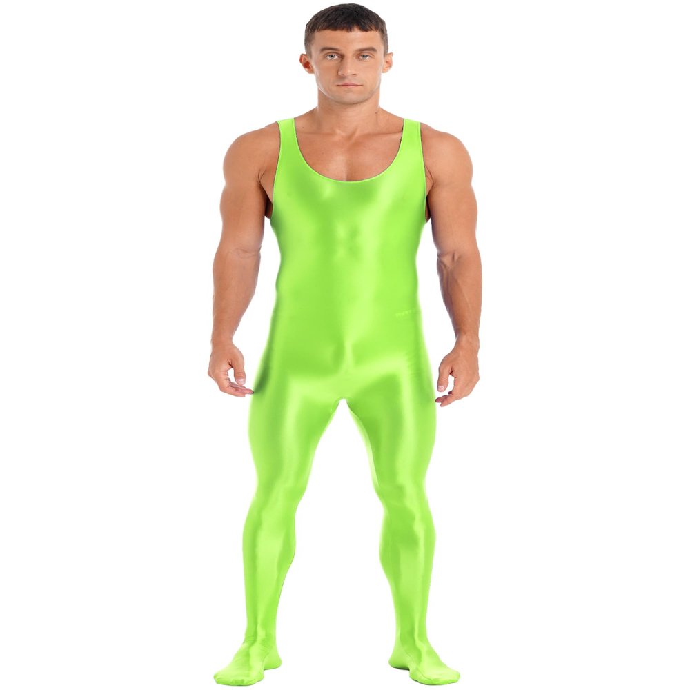 YiZYiF Men's Spandex Ballet Sleeveless Full Body Tight Jumpsuit Unitards Dance Costumes Fluorescent Green A Medium