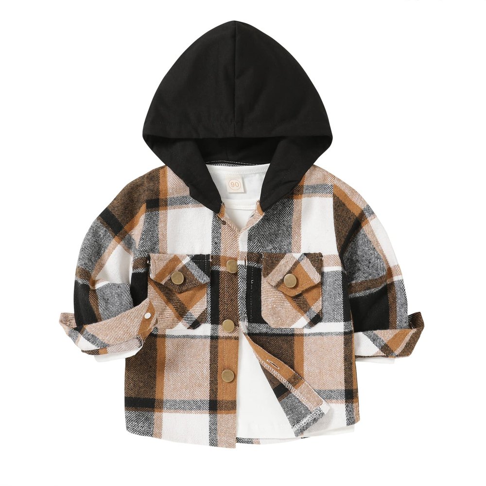 YOUNGER STAR Toddler Kids Boys Girls Flannel Hooded Plaid Shirt Button Baby Casual Hoodie Jacket Fall Hooded Coat (Khaki Hooded Coat, 4-5T)