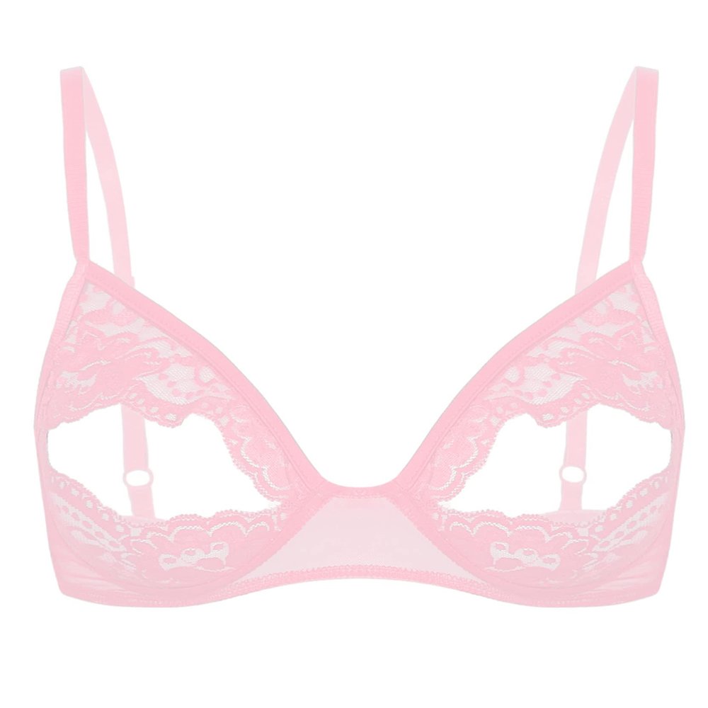 WinChang Women's Sexy Lingerie Bra Top Lace Floral Open Nipple Underwire Bralette Nipple Wire-Free Bikini Triangle Bra Pink Small