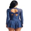 YEAHDOR Women Girls Figure Ice Skating Dress Long Sleeve Skirted Leotard Competition Lyrical Costumes Navy Blue Small view 4