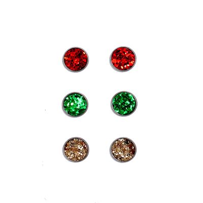 3 Pairs Christmas Glitter Red Green Round Leather Stud Earrings Set Faux Druzy for Women Holiday Xmas Pierced Jewelry-Glitter