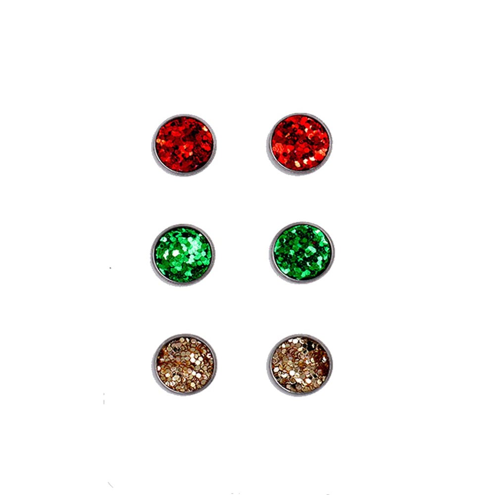 3 Pairs Christmas Glitter Red Green Round Leather Stud Earrings Set Faux Druzy for Women Holiday Xmas Pierced Jewelry-Glitter