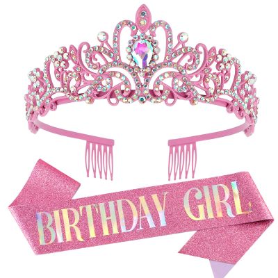 COCIDE Birthday Girl Sash & Rhinestone Tiara Set - Birthday Sash and Tiara for Women - Glitter Crystal Hair Accessories for Birth Party