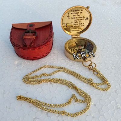 Personalized Compass Brass Pocket Compass with Leather Case for Hiking Camping | Push Open | | Brass Sundial |Gifts for Husband, Boyfriend, Men, Him | Engraved Compass Personalized
